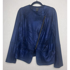 Clara Sun Woo Women's Liquid Faux Leather Moto Asymmetrical Zip Size XL Navy